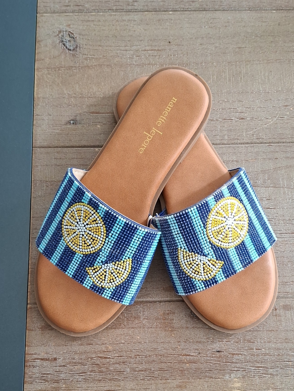 Nanette Lepore Luxury Blue Striped Beaded Lemon Summer Slides (Size 7)